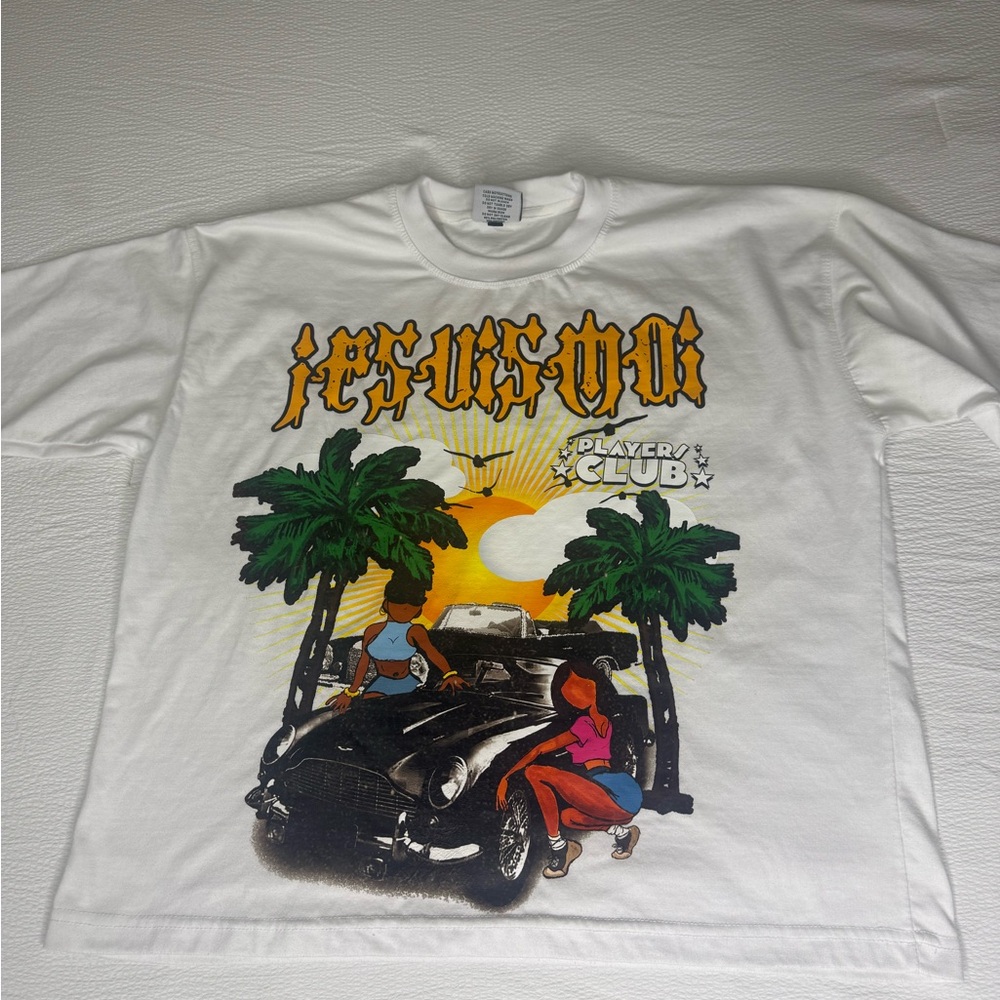 Player Club White Graphic Tee with Sunset Palm Print